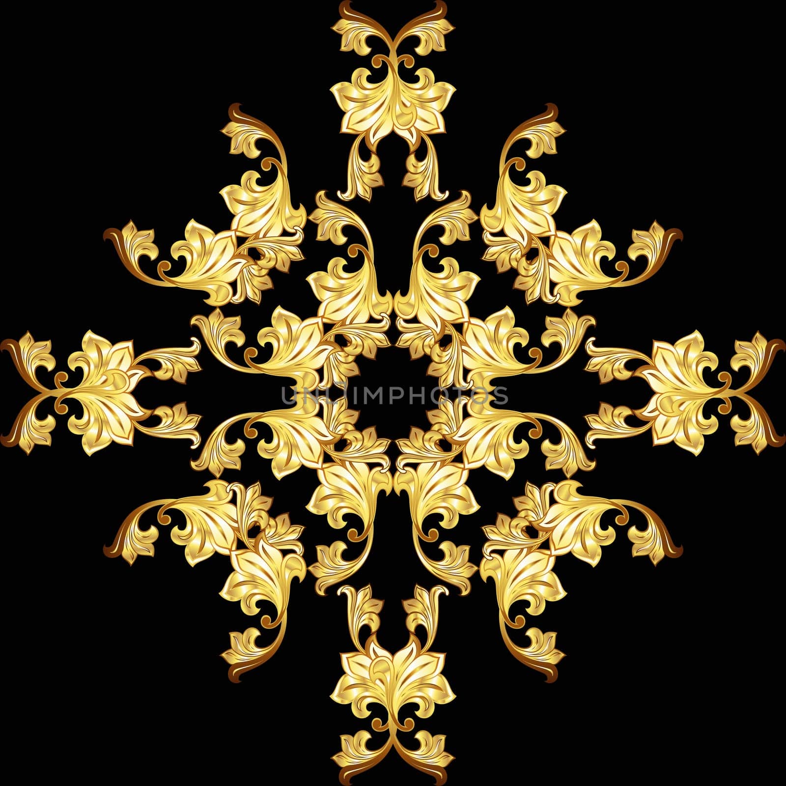 Golden flower ornate pattern on the black background