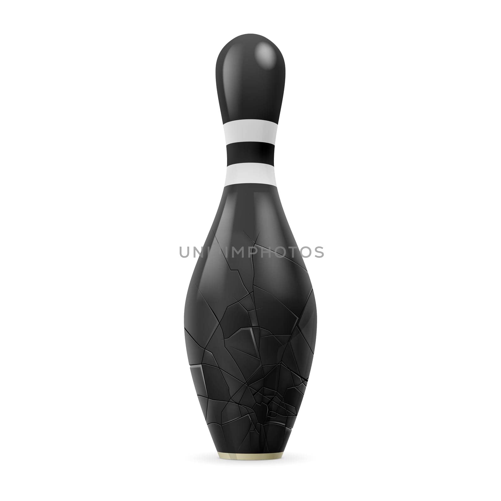 Cracked black skittle with red stripes on a white background