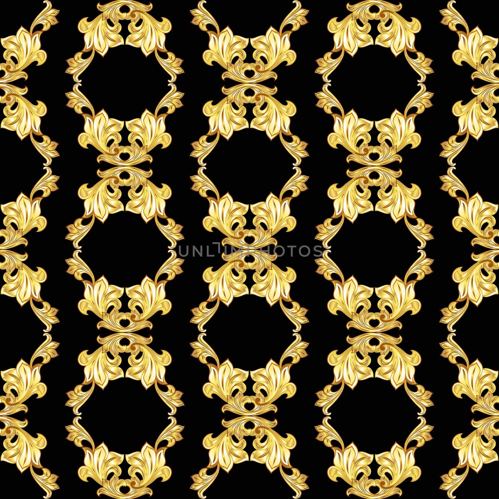 Vertical seamless gold floral pattern on black background