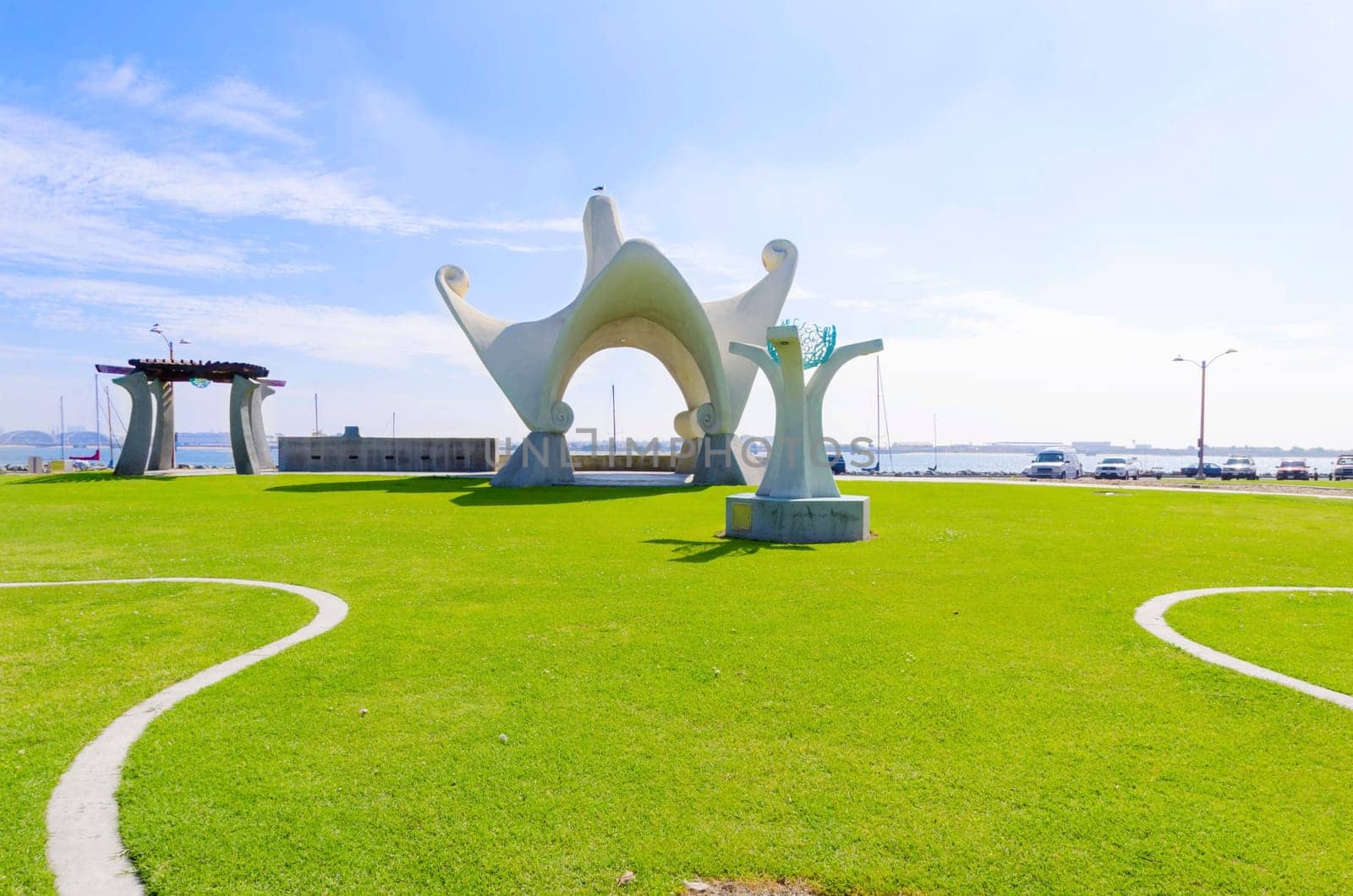 The Pacific Portal, aka Shelter Island Gazebo, at Point Loma, in San Diego, Southern California, United States of America. An Architectural arched art structure with mosaic tile ceiling and pathways.