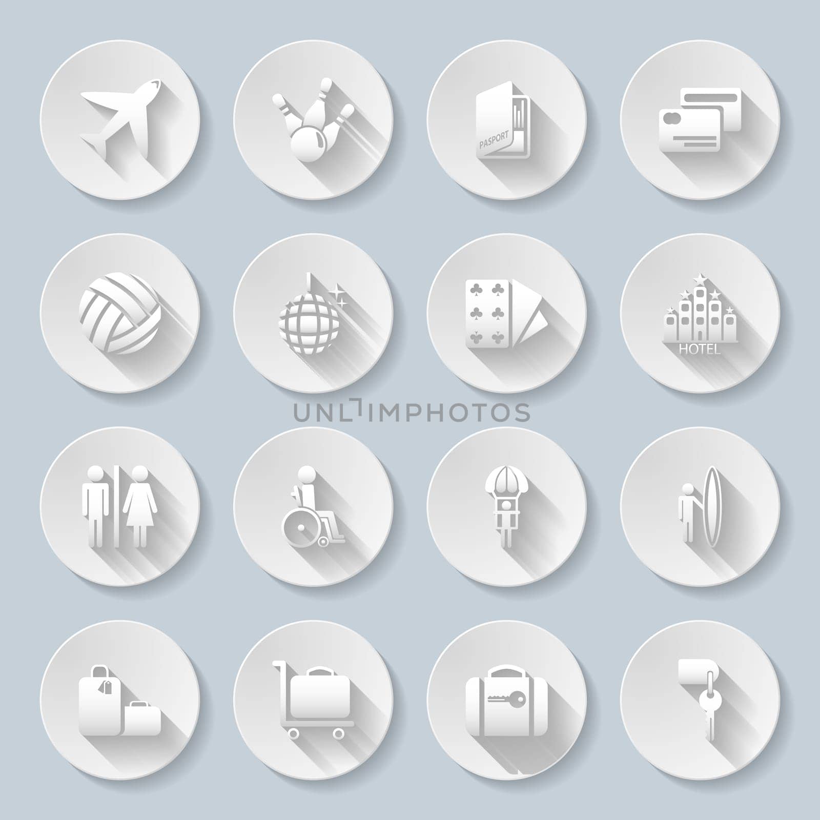 Set of flat paper icons for transportation, travelling and leisure