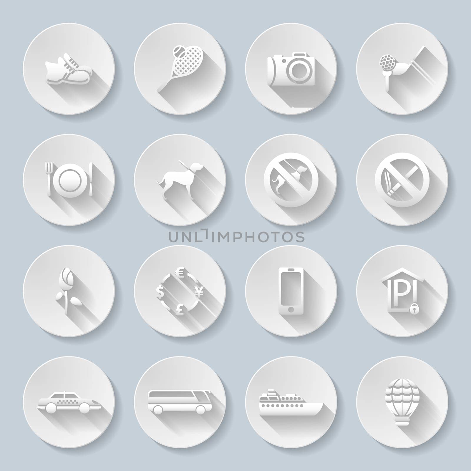 Set of flat paper icons for travelling, transportation and leisure