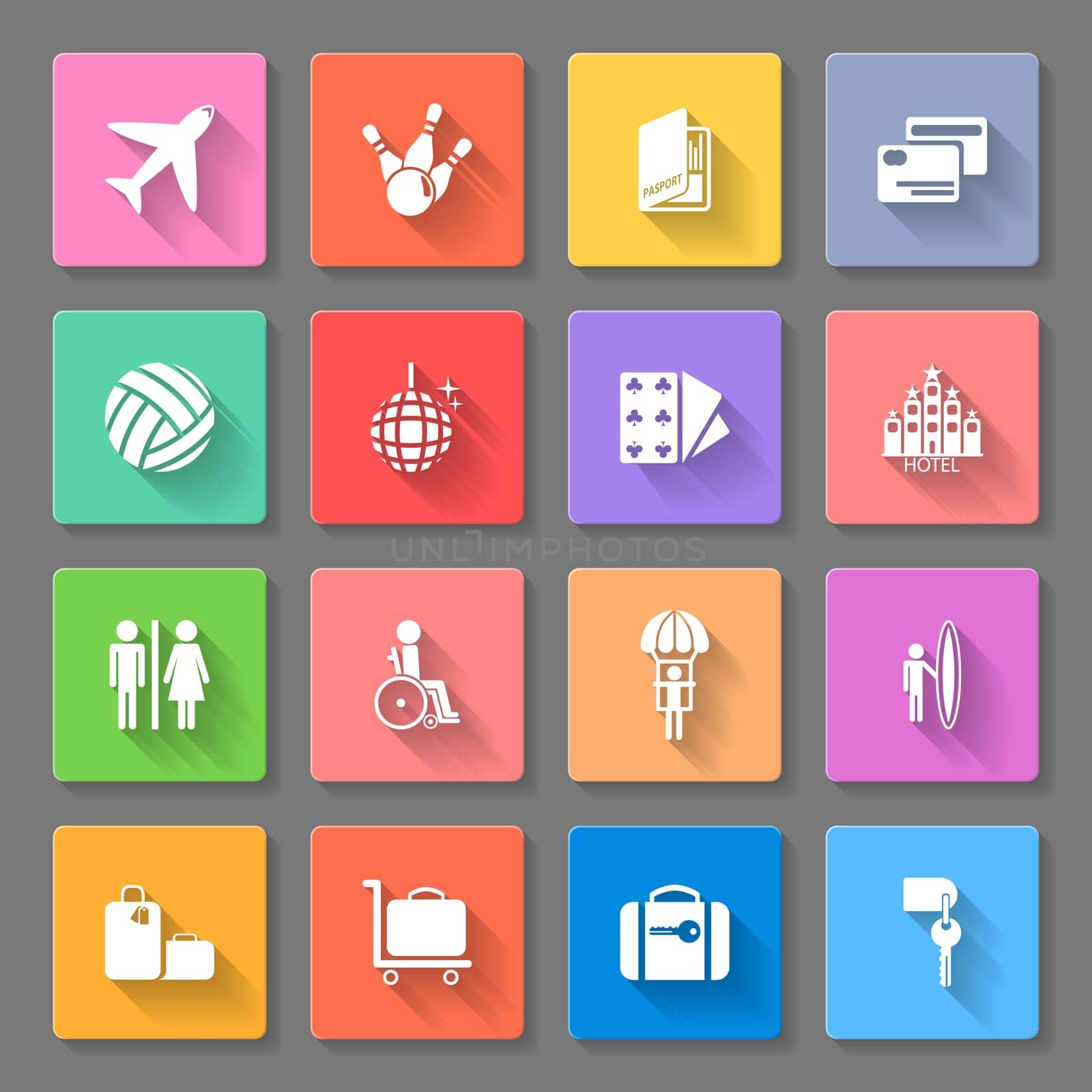 Set of flat icons for transportation, travelling and leisure