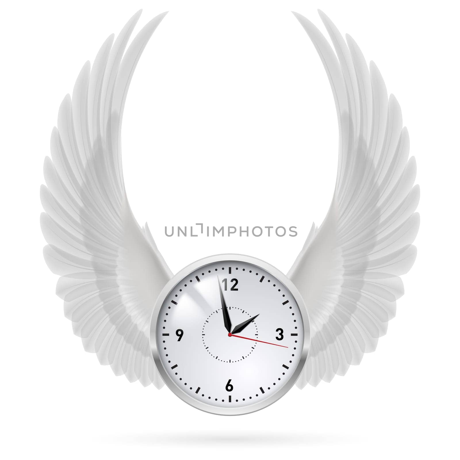 White clock with vertical white wings. Swing.