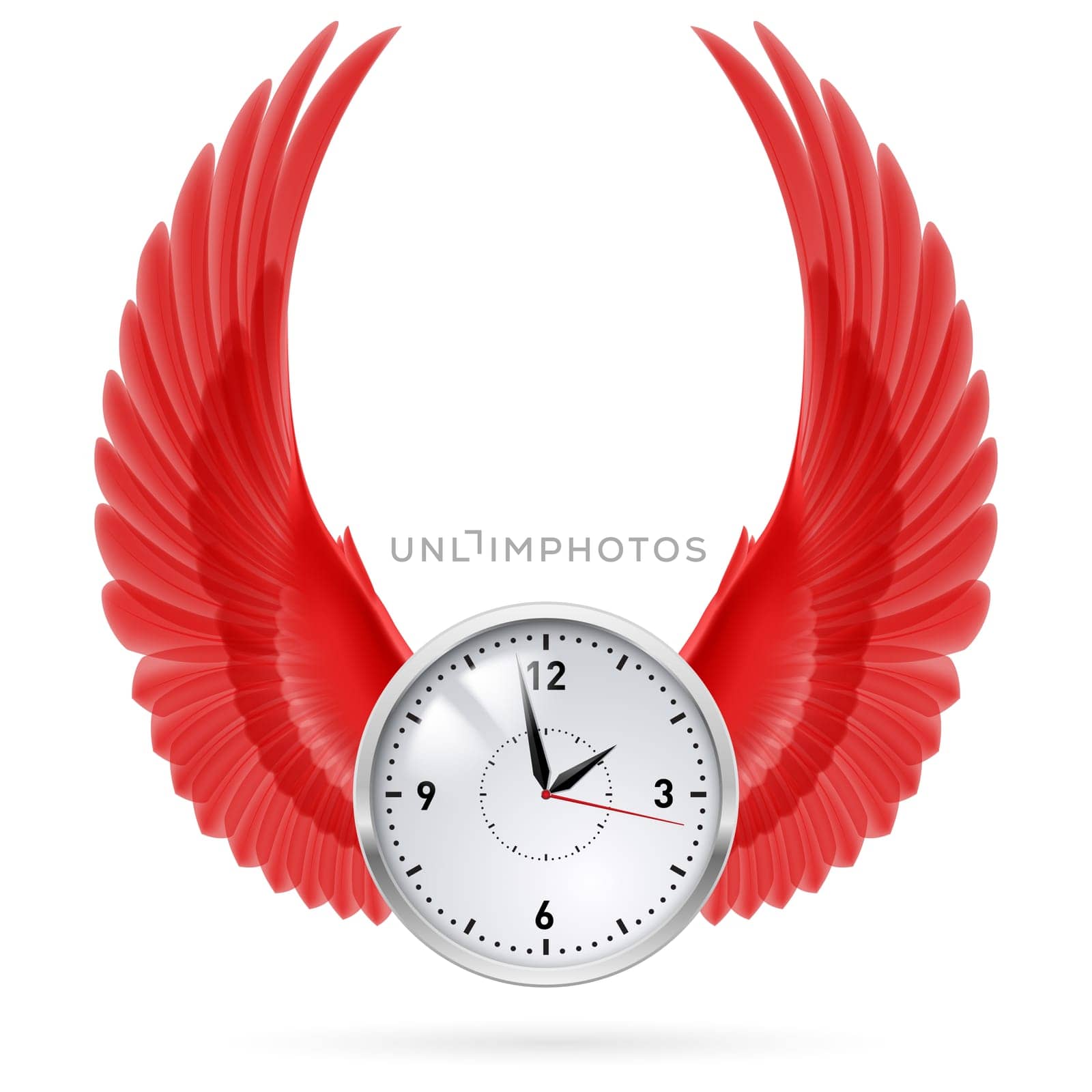 White clock and red vertical wings. Time.