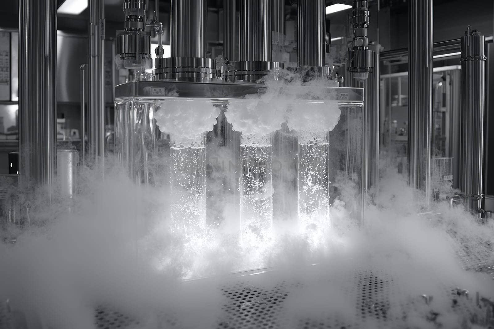Bubbling liquids create a misty atmosphere as fog engulfs glass containers in a scientific laboratory during an experimental process.