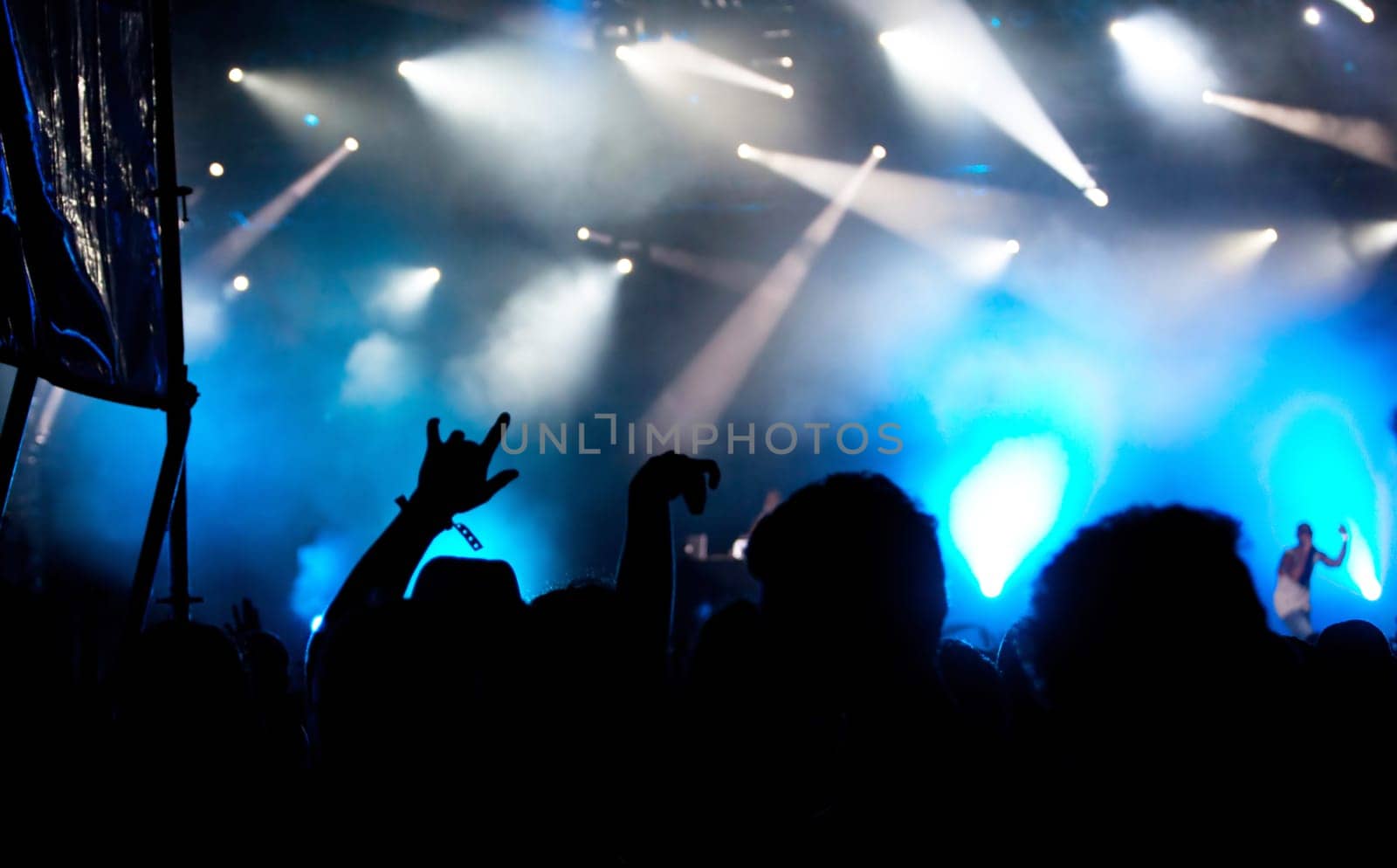 Cheering crowd in front of bright colorful stage lights