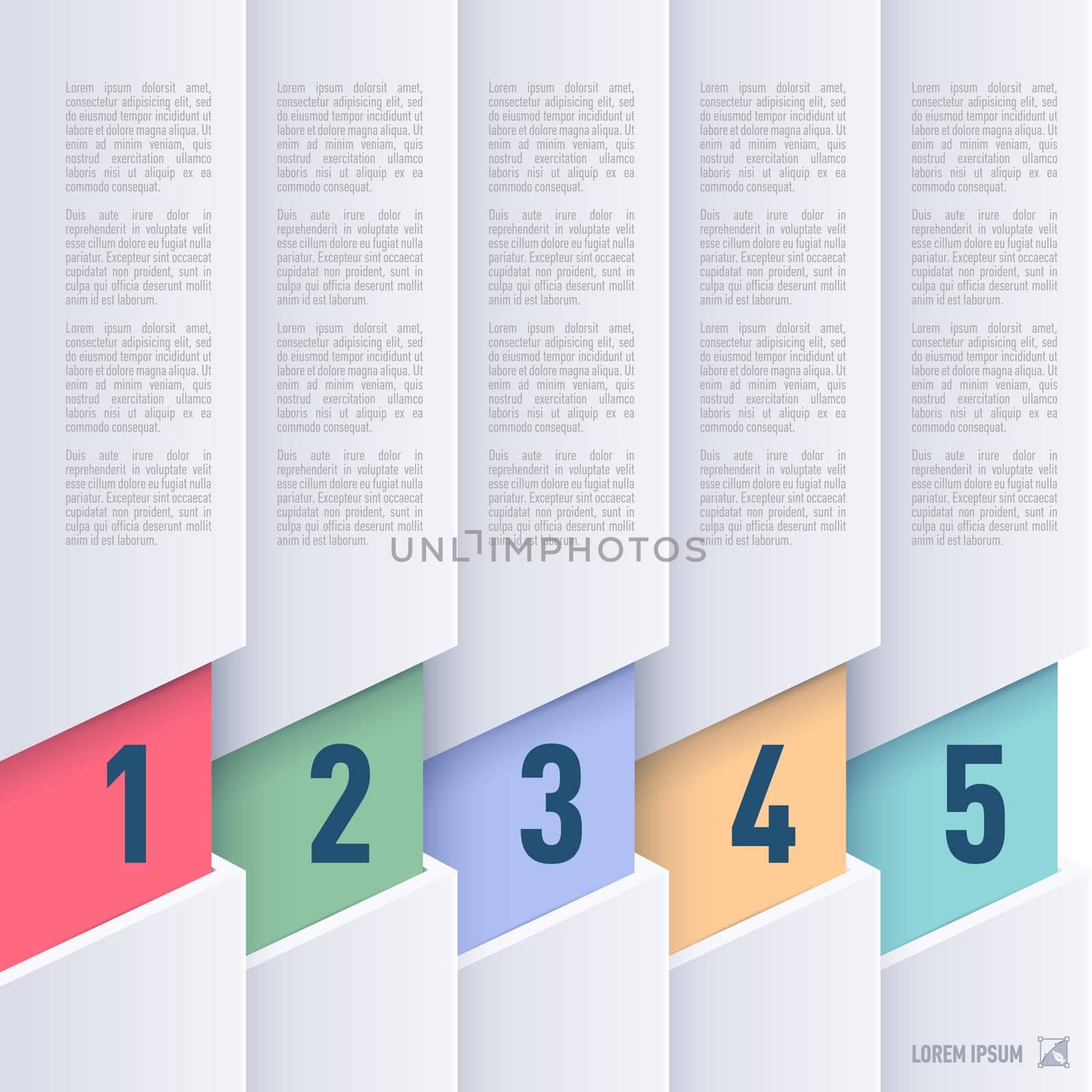Paper style infographics  with colored numbered items from one to five