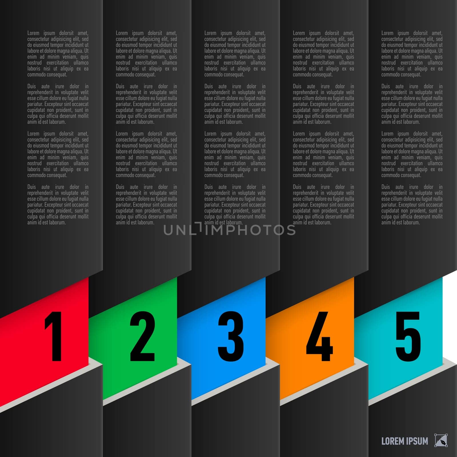 Infographics in paper style with black columns and colored numbered items from one to five
