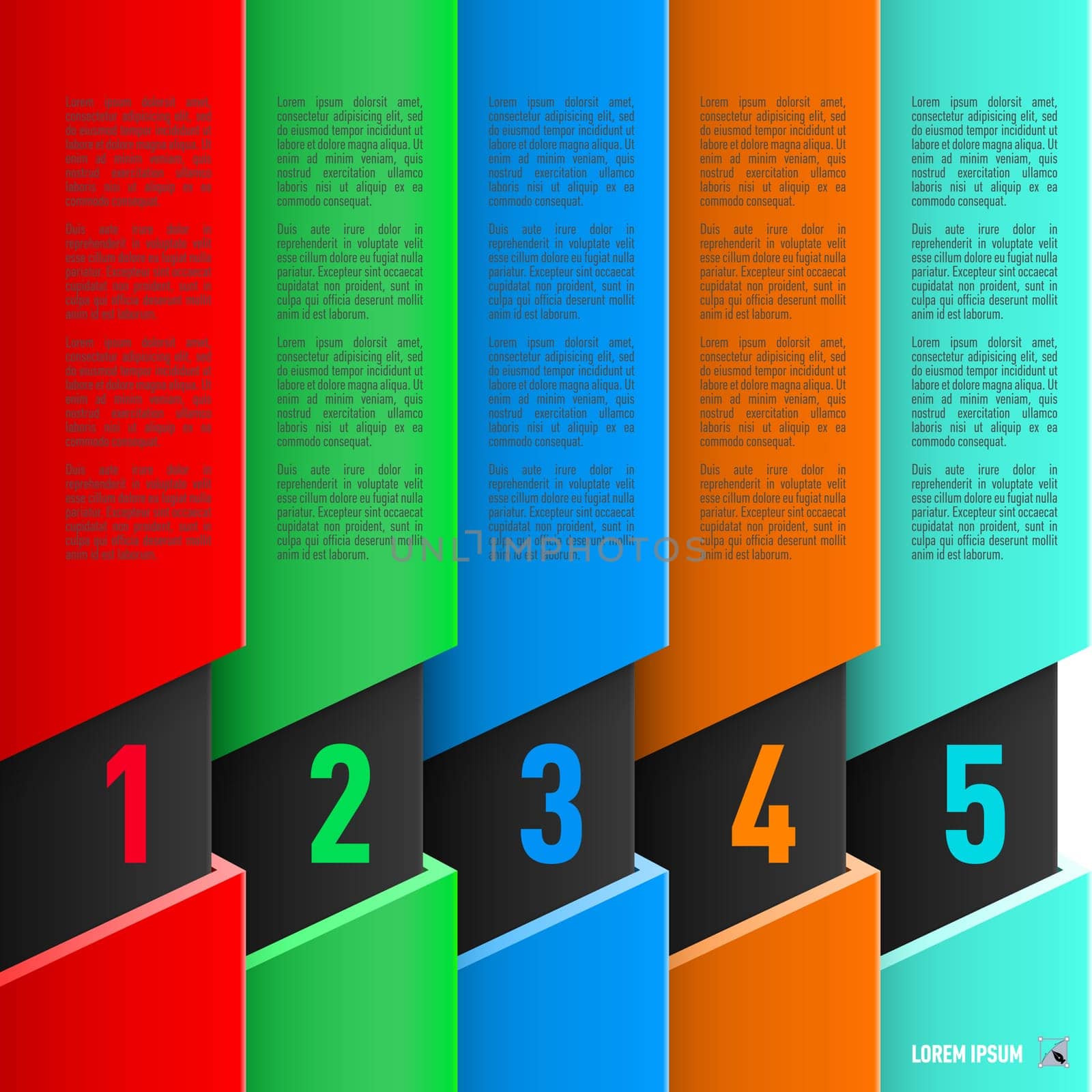 Infographics in paper style with colorful columns and numbered items from one to five