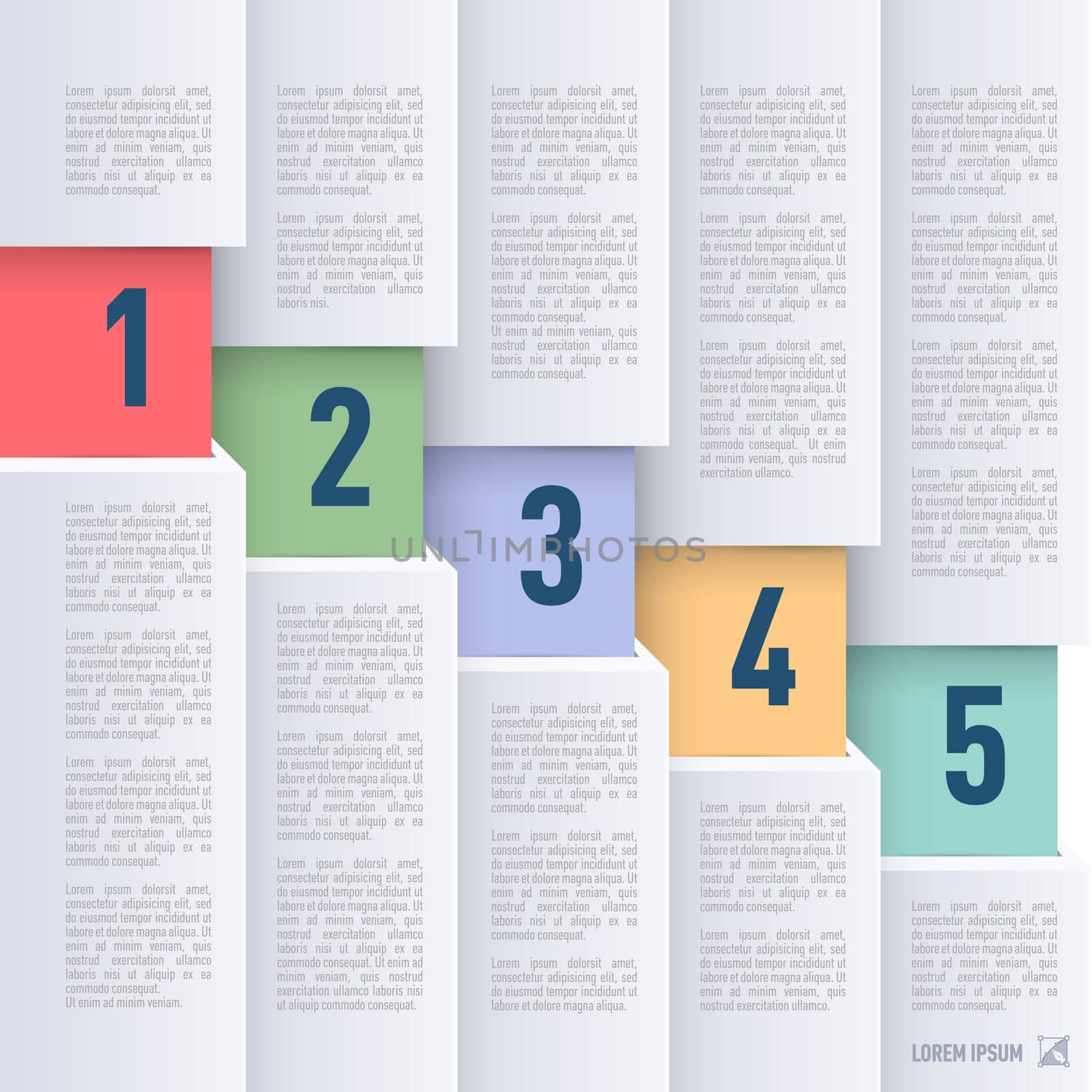 Infographics in paper style with descending colored numbered items from one to five