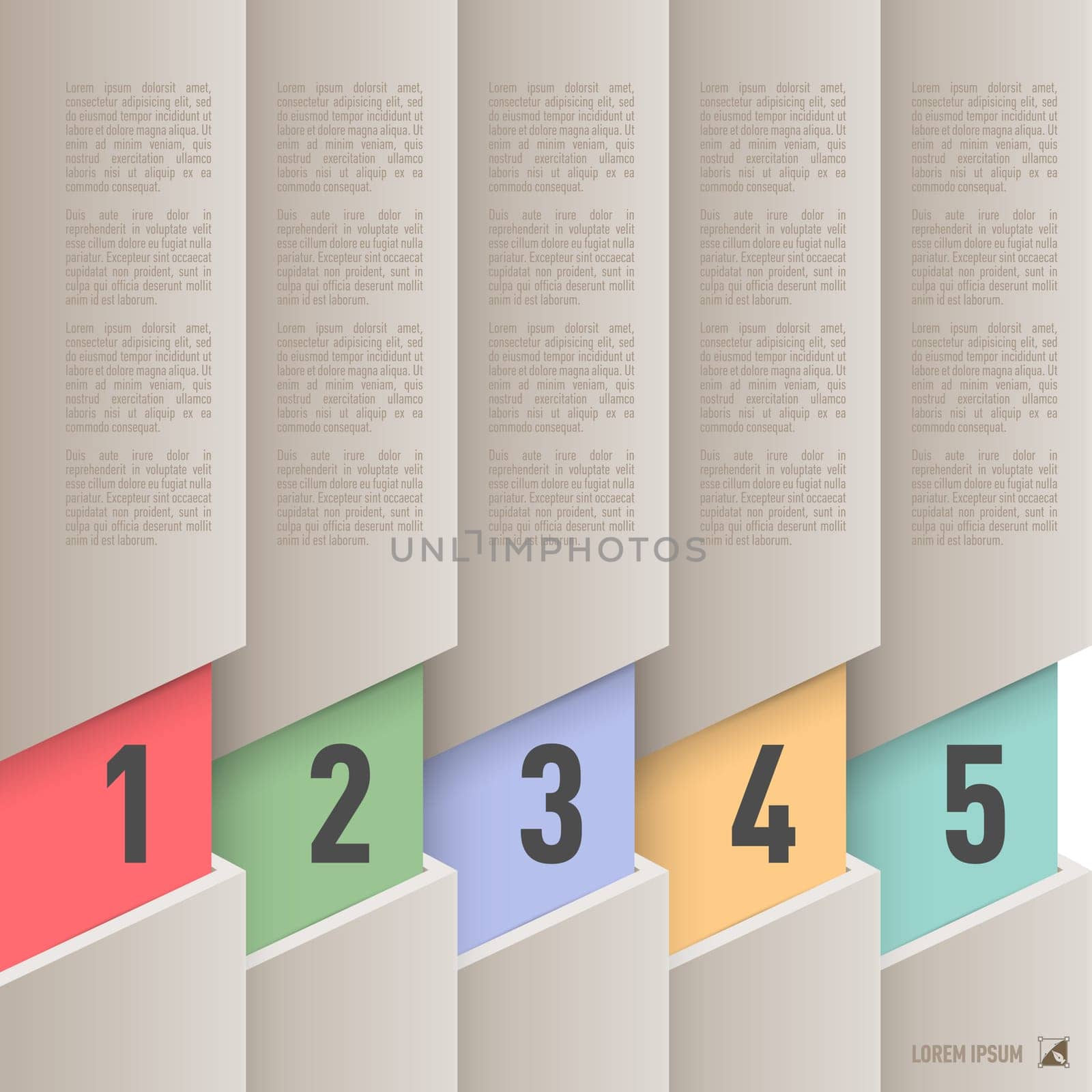 Infographics in old paper style with colorful numbered items from one to five