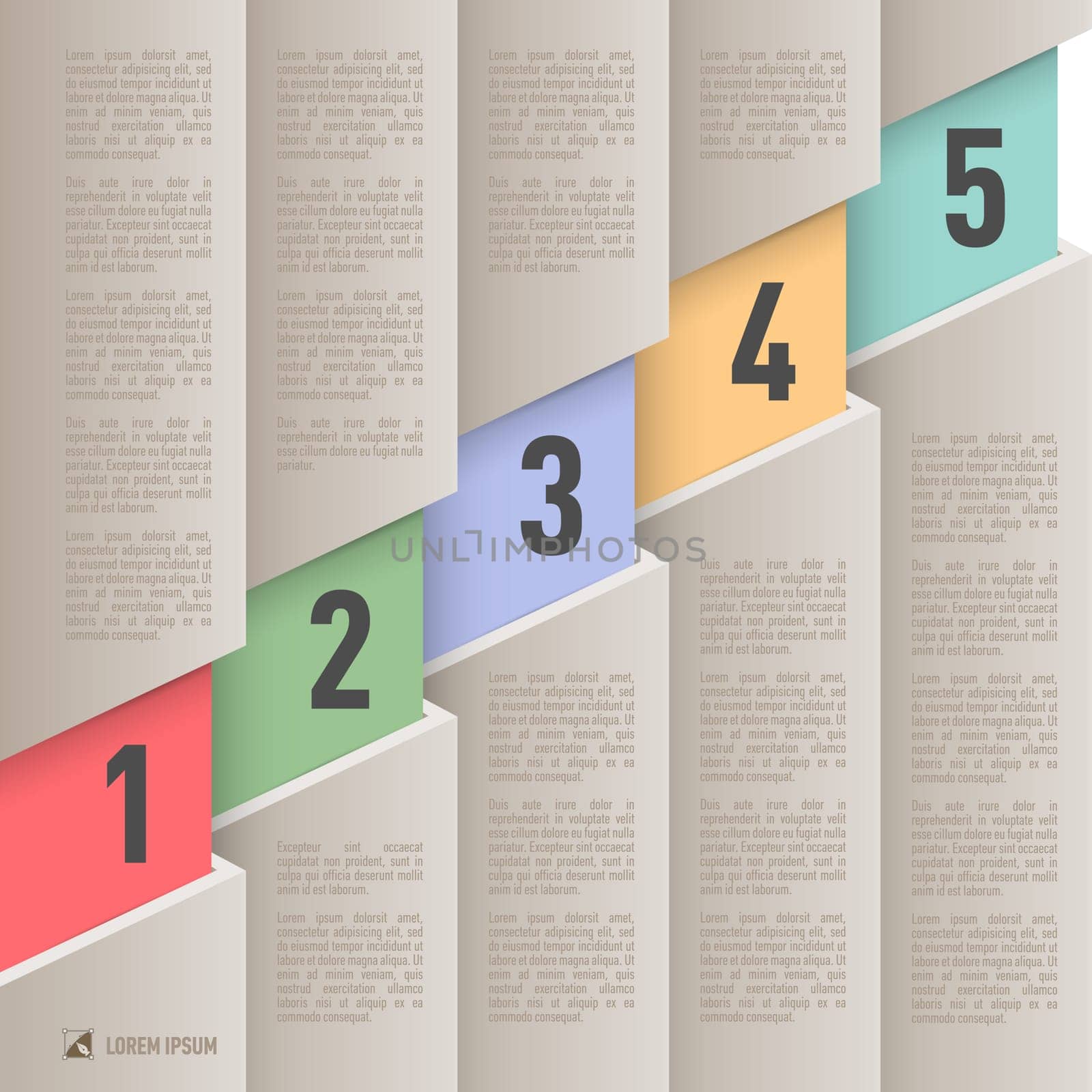Infographics in old paper style with ascending colored numbered items from one to five