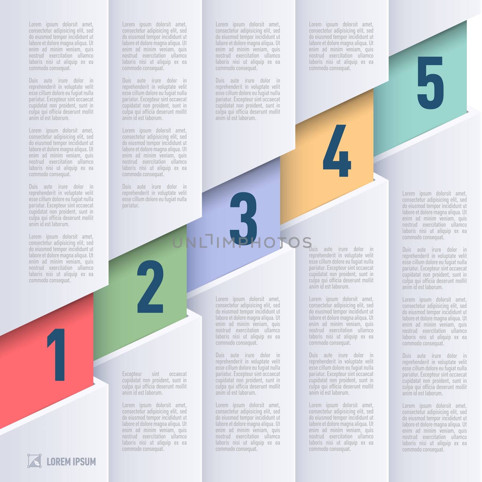 Infographics in paper style with ascending colored numbered items from one to five