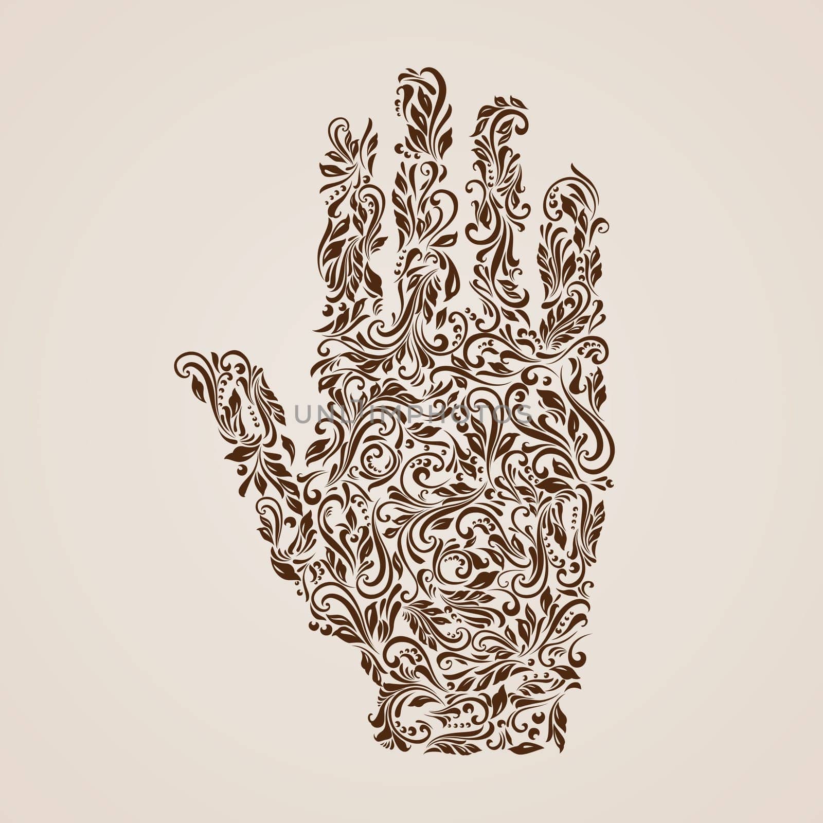 Floral pattern of vines in the shape of a hand on the beige background