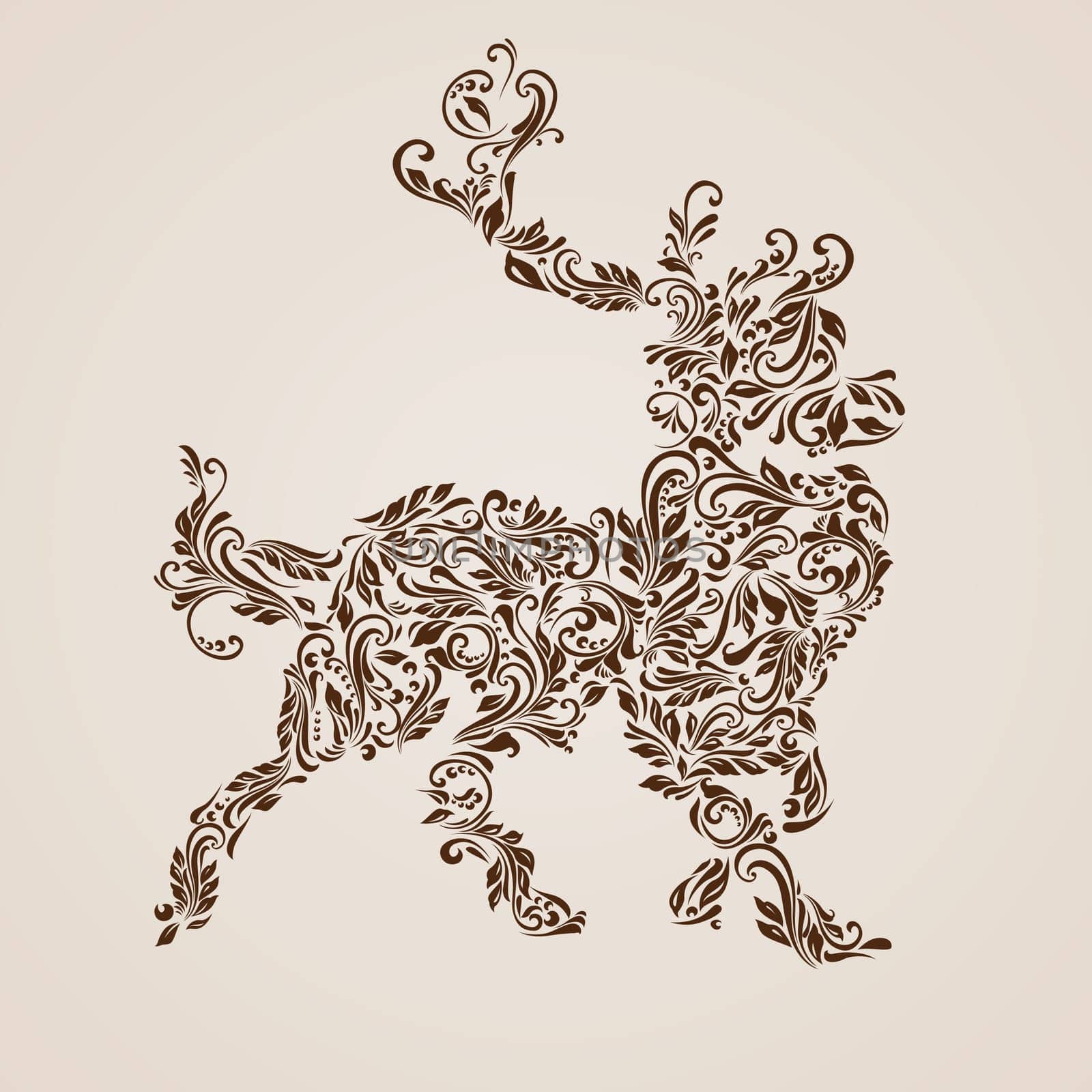 Floral pattern of vines in the shape of a deer  on a beige background