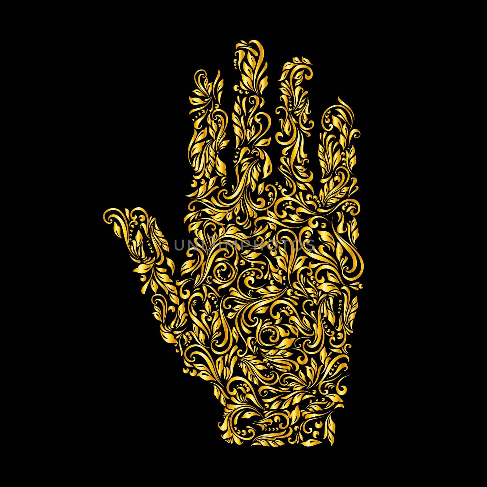 Floral gold pattern of vines in the shape of a hand on a black background
