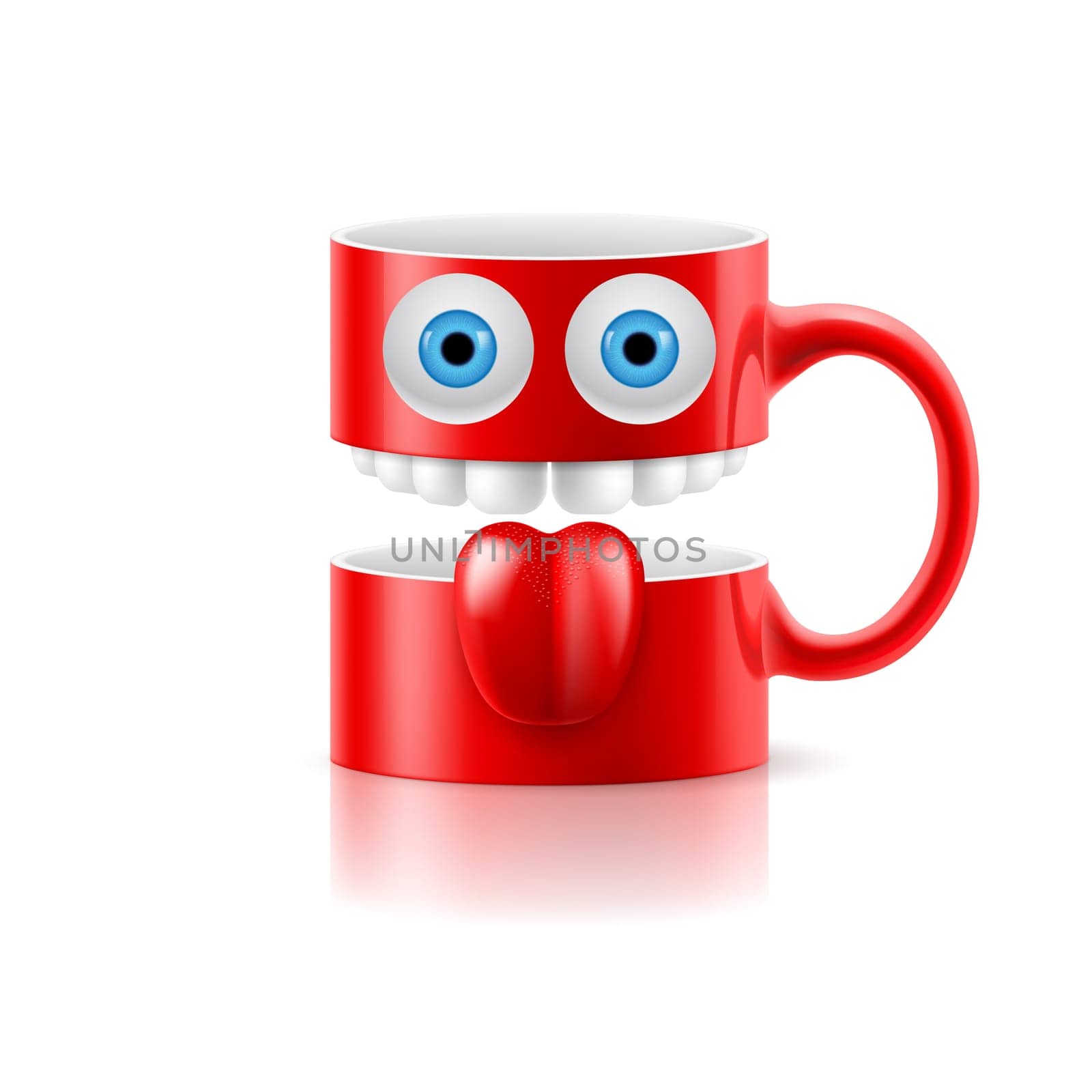 Red mug of two parts with teeth, tongue and a couple of blue eyes.