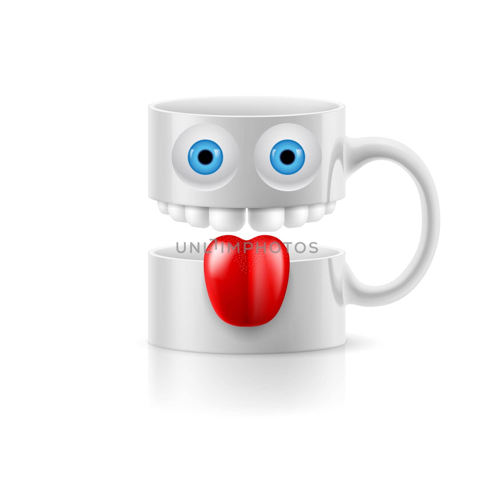 White mug of two parts with teeth, tongue and a couple of blue eyes.