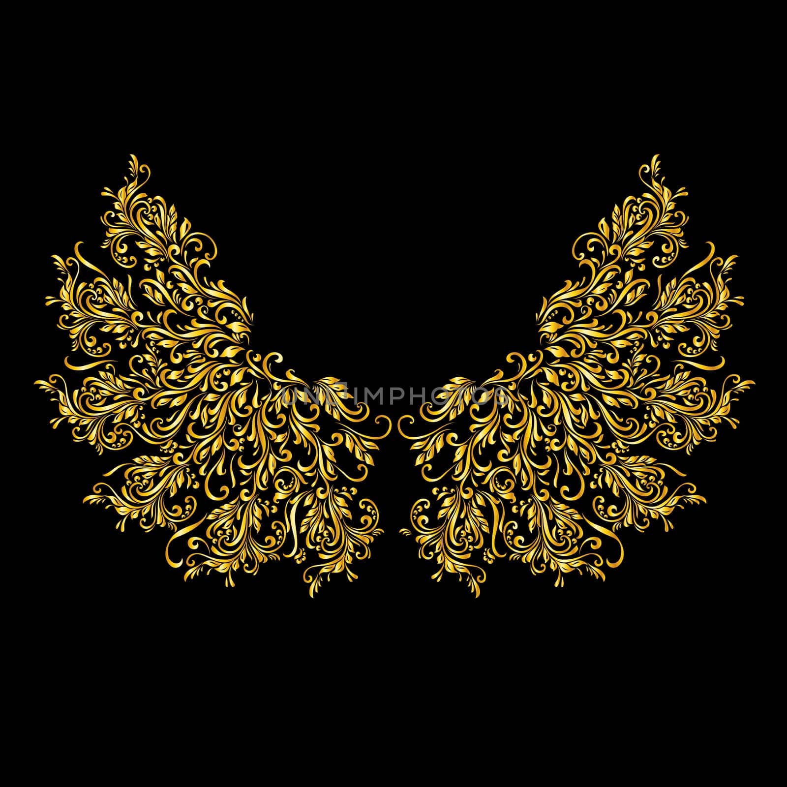 Floral gold pattern of vines in the shape of a wings on a black background