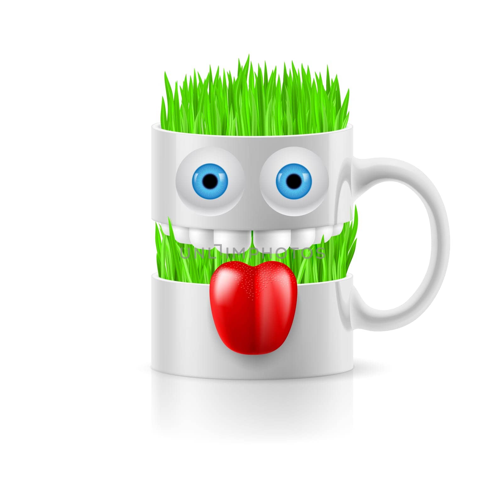 White mug of two parts with teeth, tongue and a couple of blue eyes, grass inside.