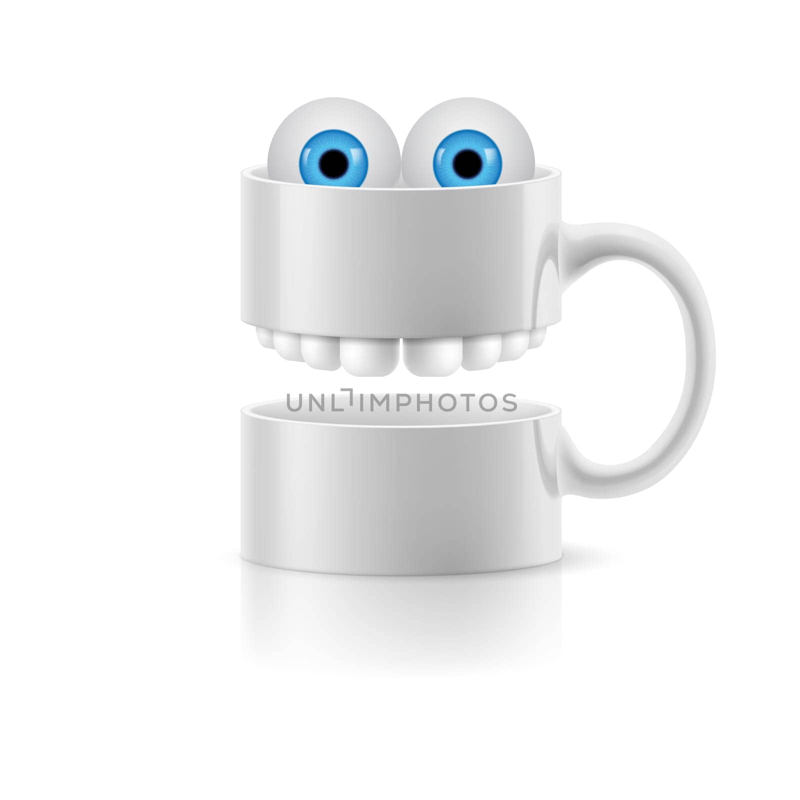 White mug of two parts with teeth and a couple of blue froggy eyes.