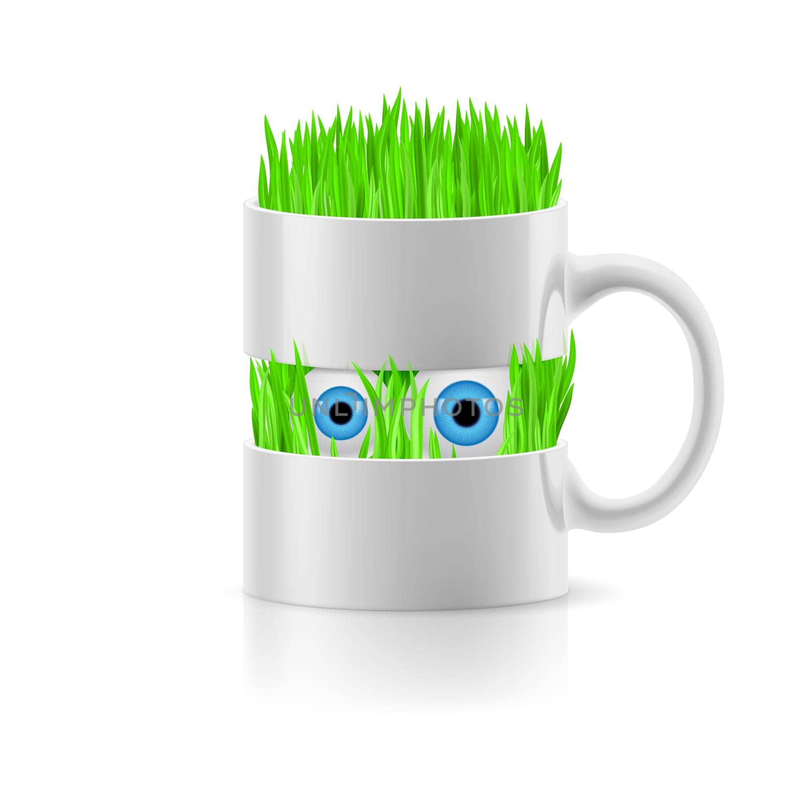 White mug divided into two parts with grass and two eyes inside.