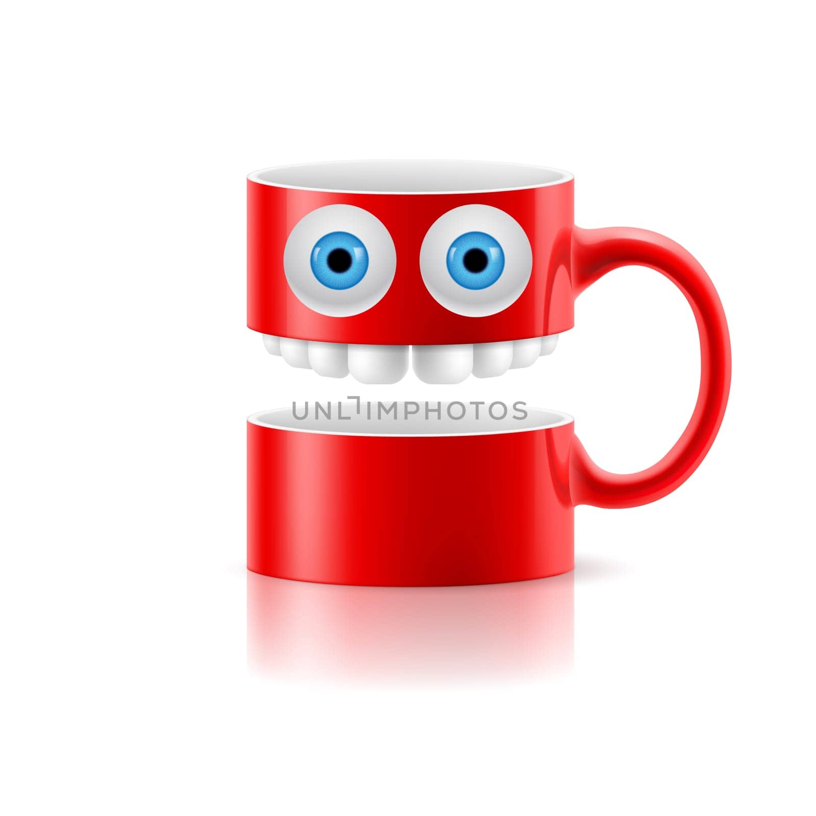 Red mug of two parts with teeth and a couple of blue eyes.