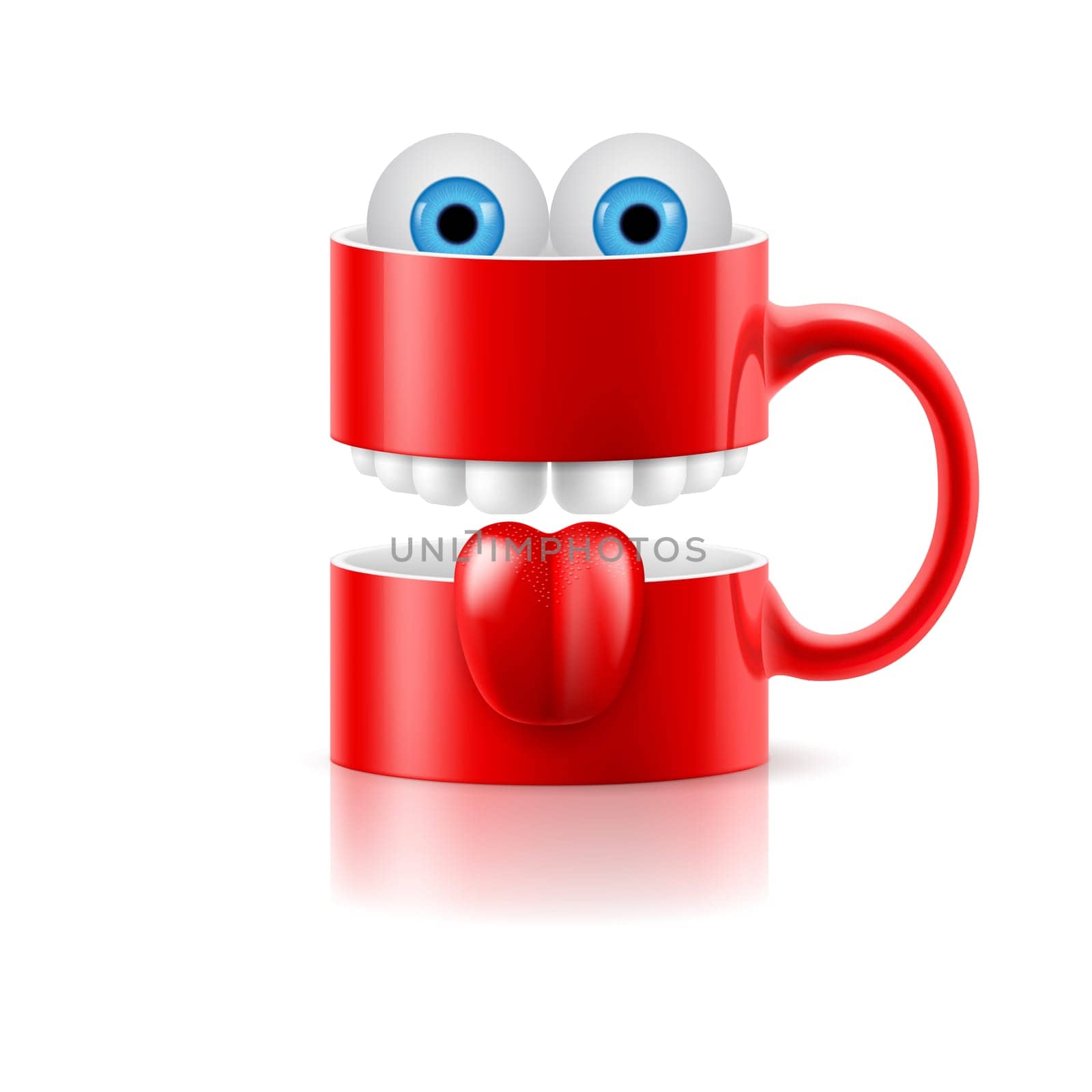 Red mug of two parts with teeth, tongue and a couple of blue froggy eyes.