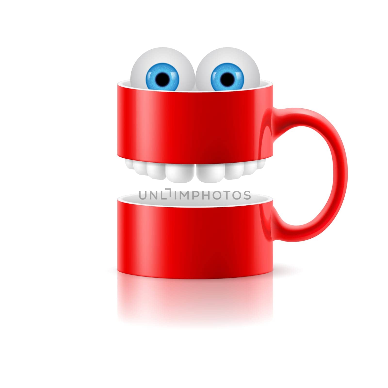 Red mug of two parts with teeth and a couple of blue froggy eyes.