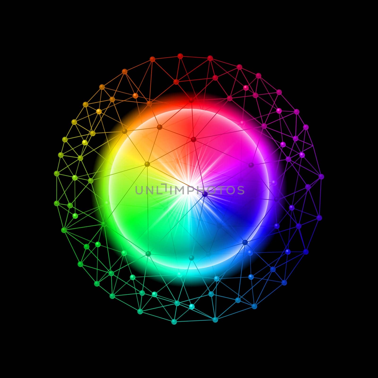 Connected web envelopes multicolor sphere on a black background