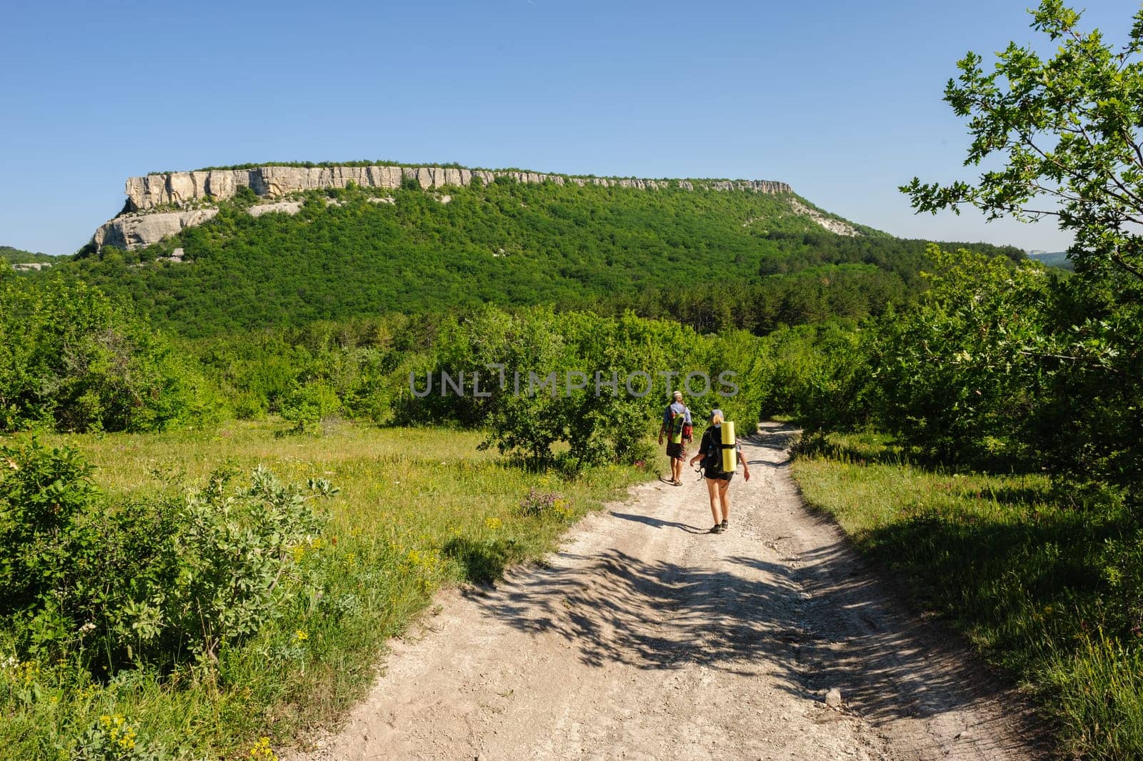 two people traveling with backpacks, walking on the road