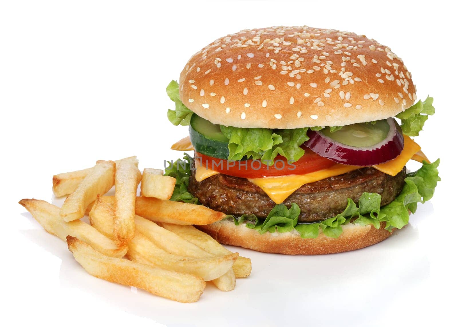 Tasty hamburger and french fries isolated on white