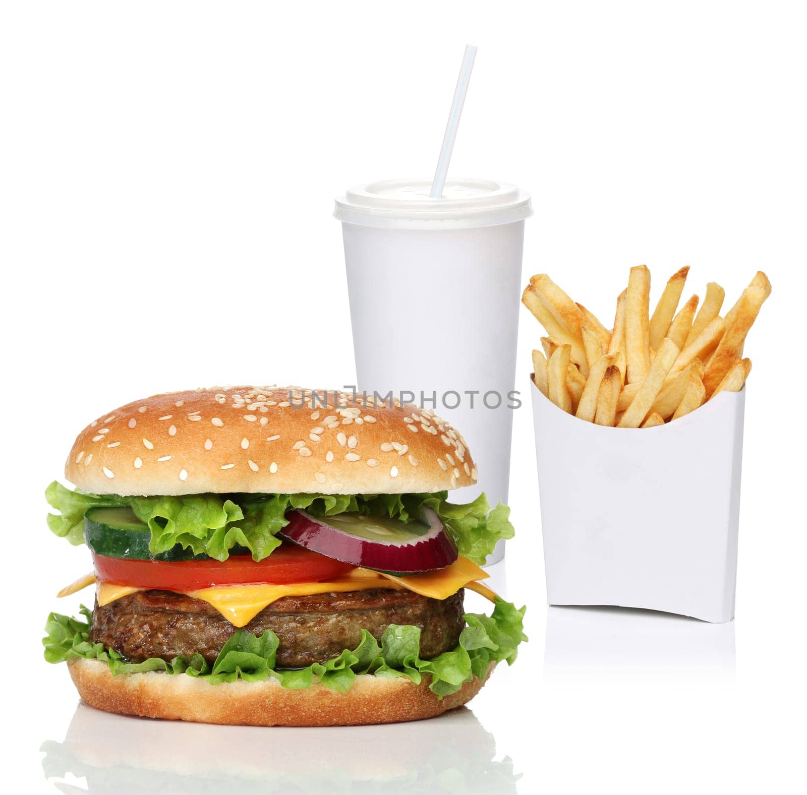 Hamburger with french fries and a cola drink, isolated on white