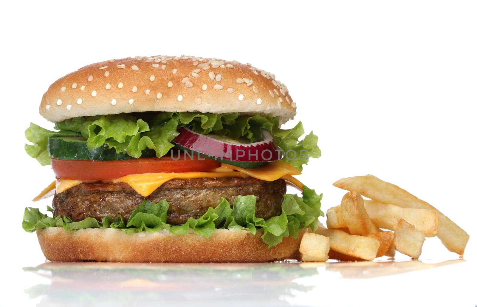 Tasty hamburger and french fries isolated on white