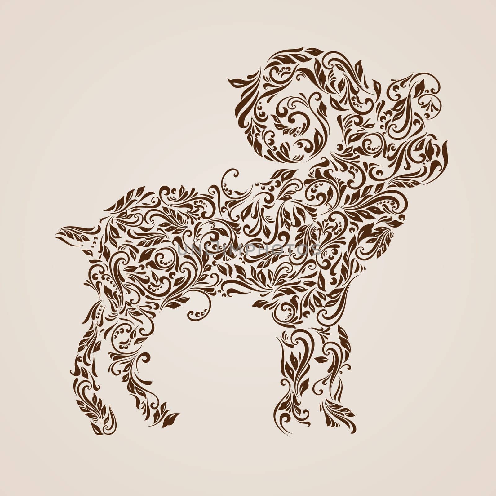 Floral pattern of vines in the shape of a ibex on a beige background