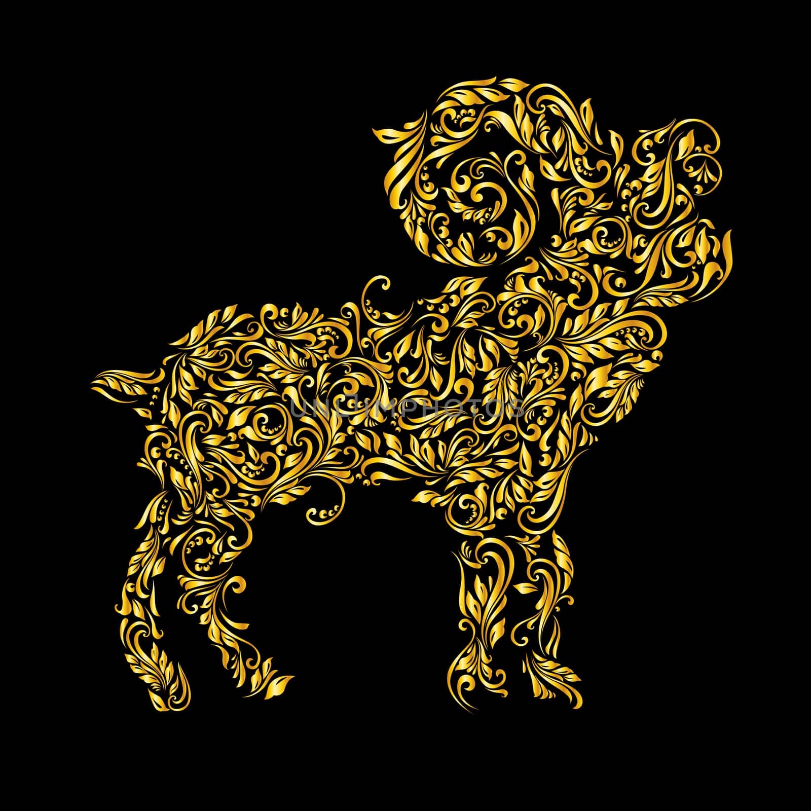 Floral gold pattern of vines in the shape of a ibex on a black background