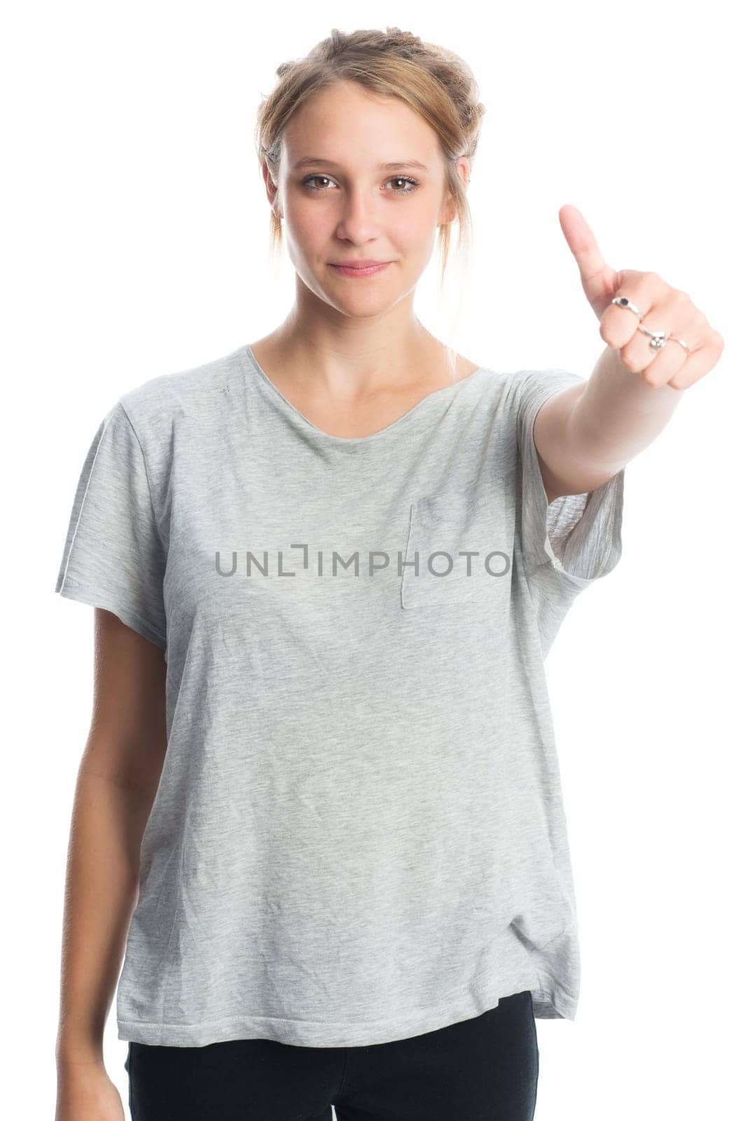 Blonde girl shows thumbs up