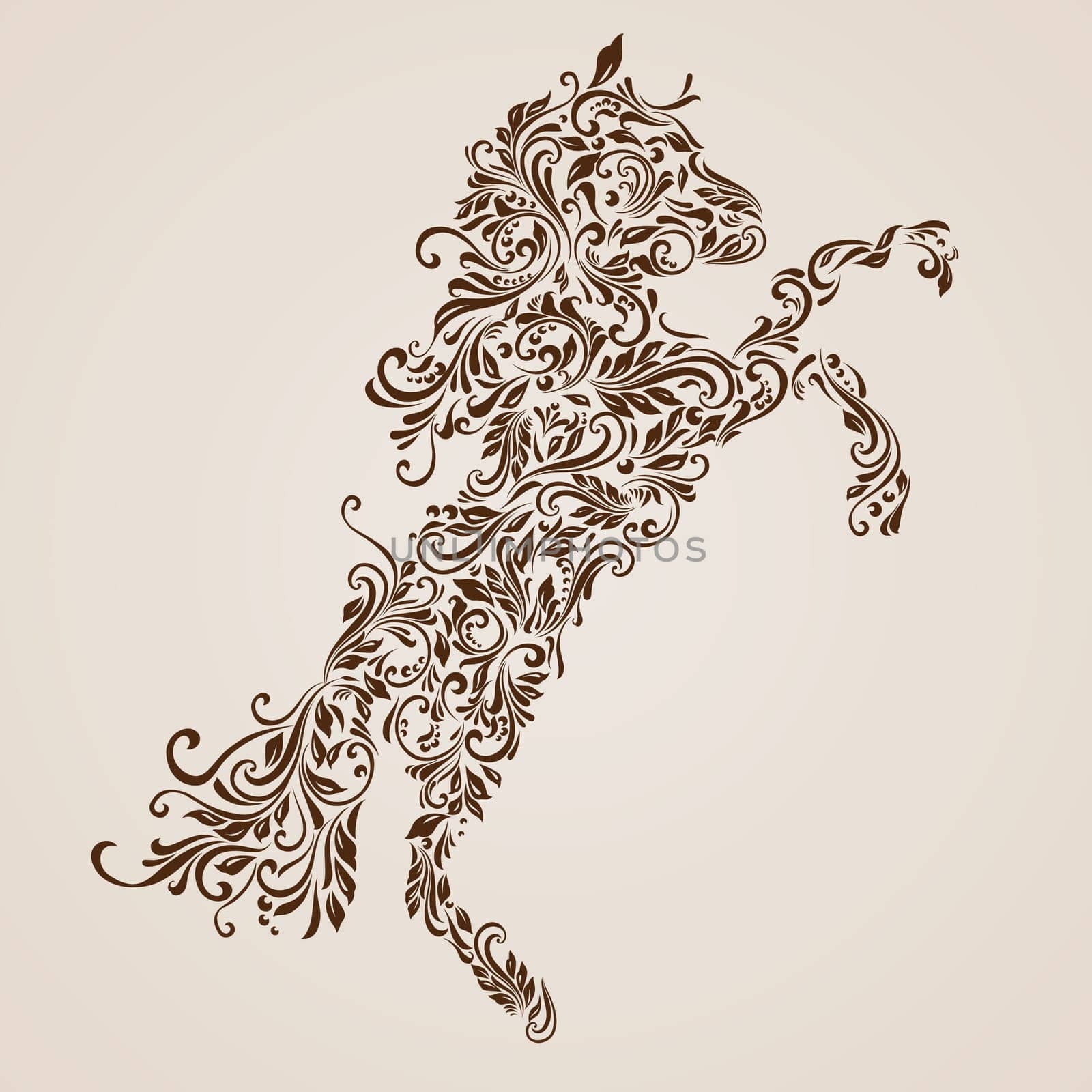 Floral pattern of vines in the shape of a horse on a beige background