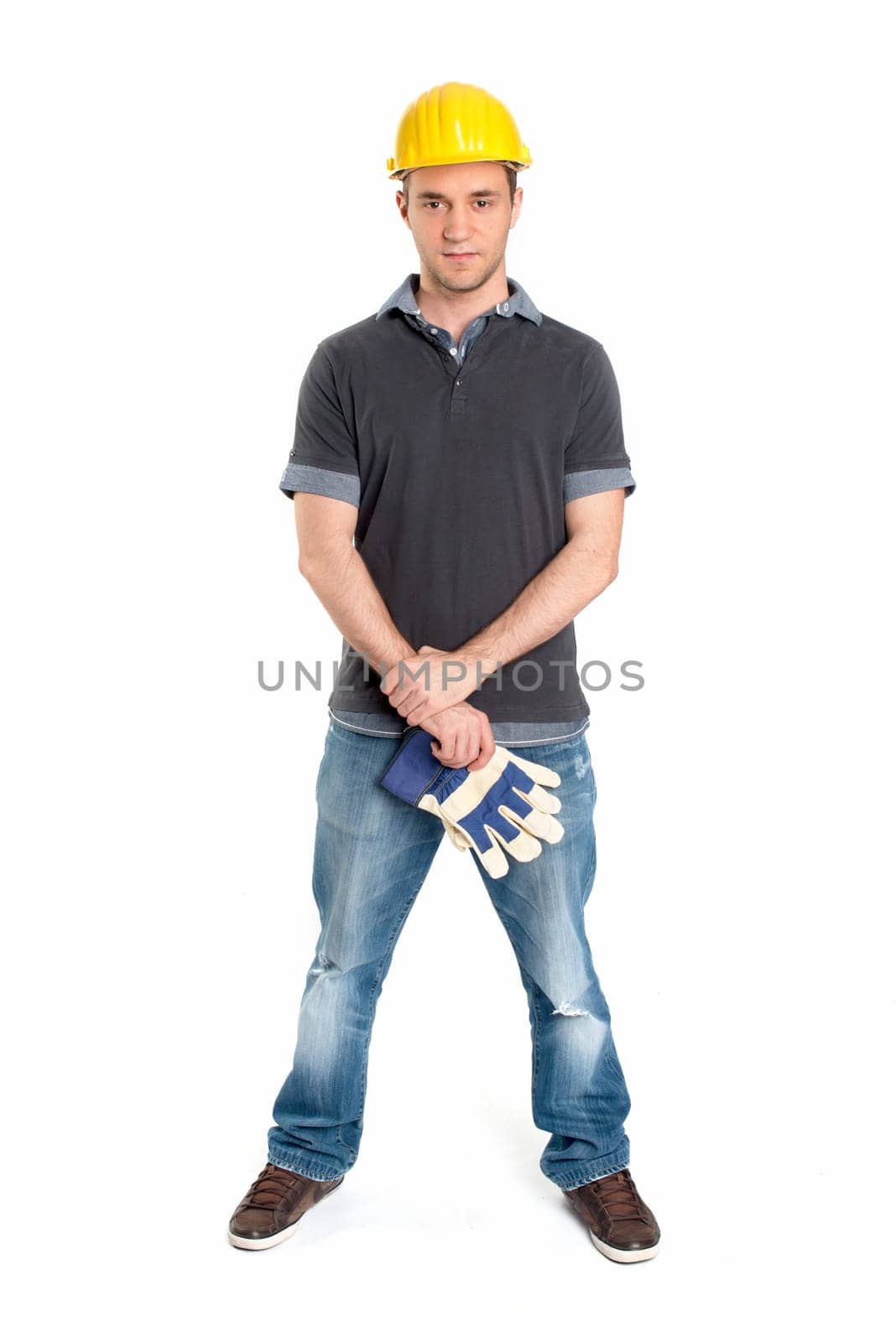 Young man wears a safety helmet