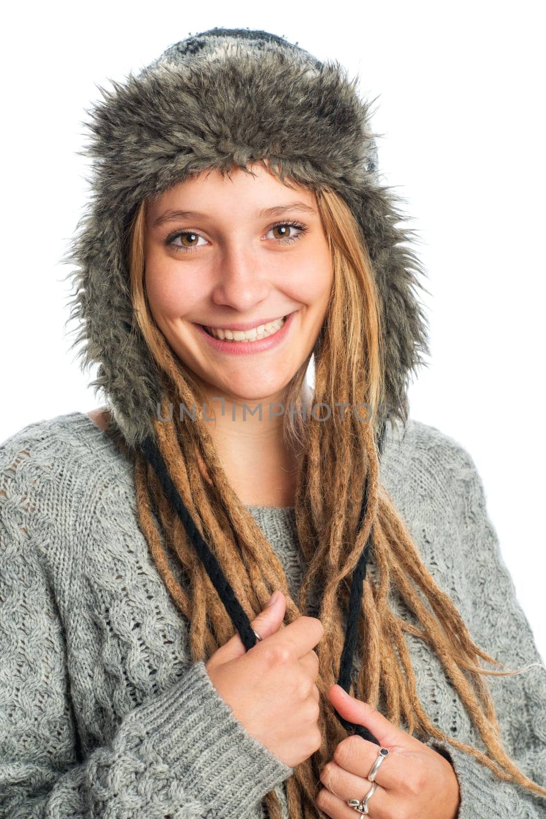 Girl with dreadlocks and fur hat
