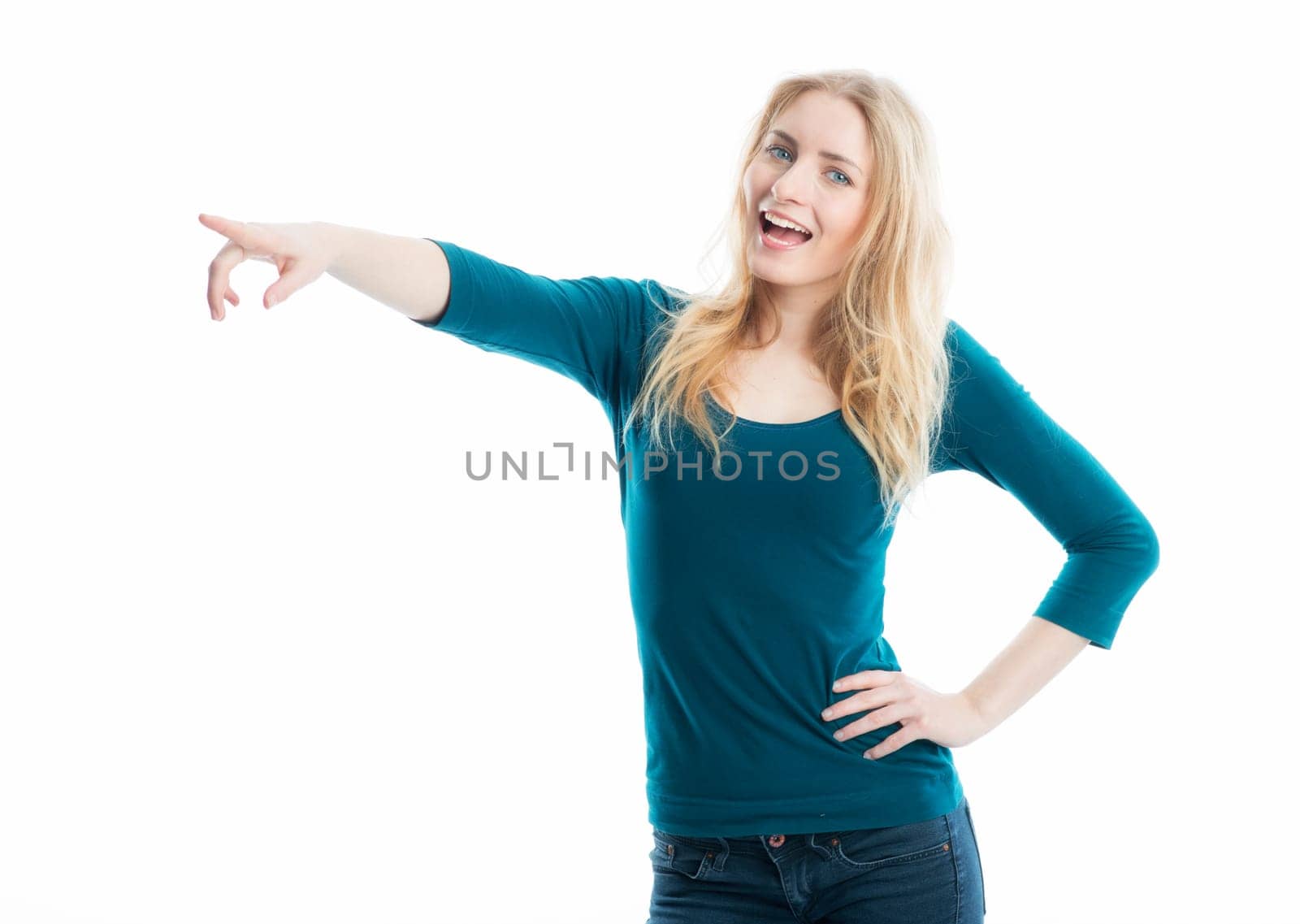 Blonde girl points in one direction
