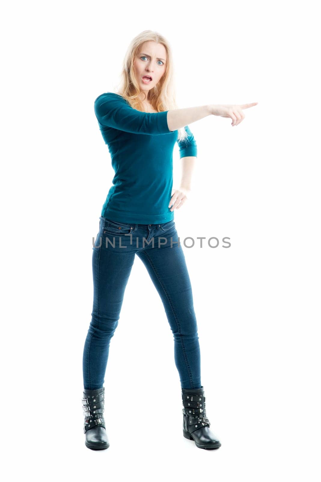 Blonde girl points in one direction