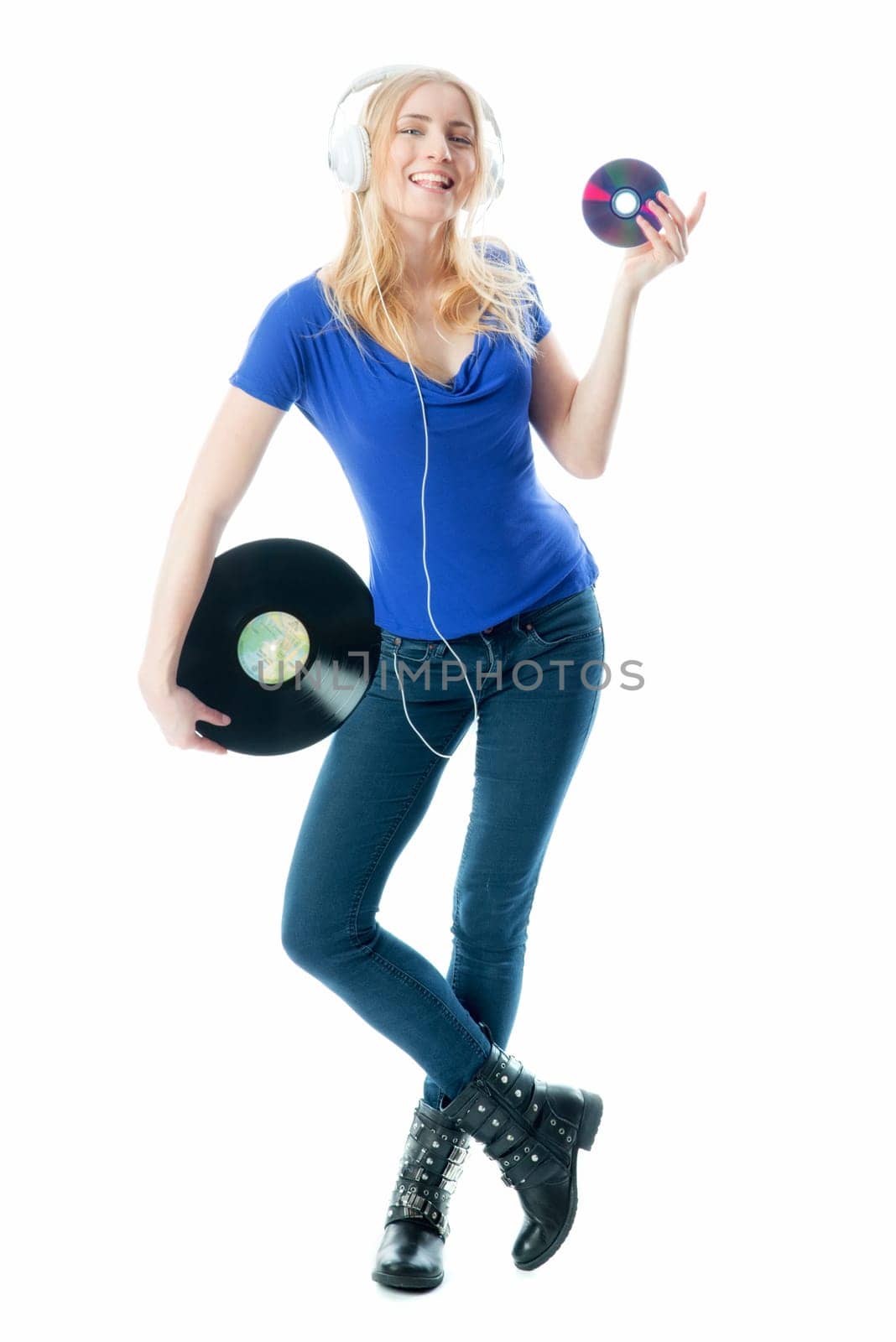 Blonde girl holds a record and a CD
