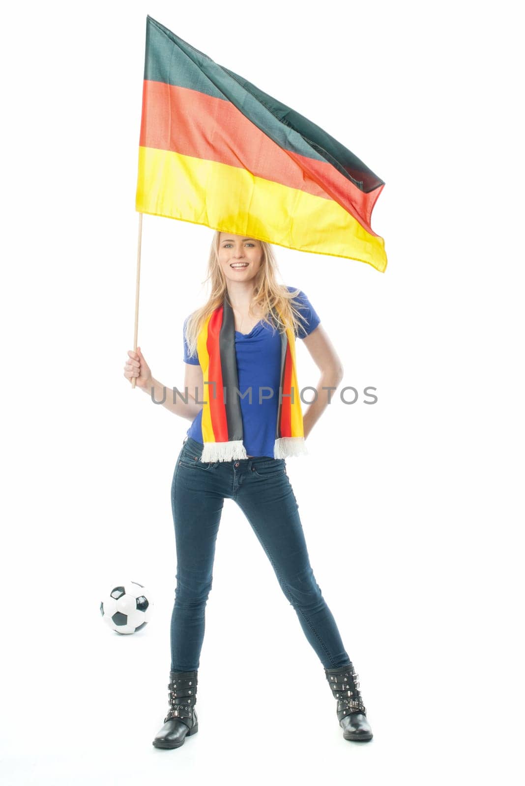Blond er football fan with German flag