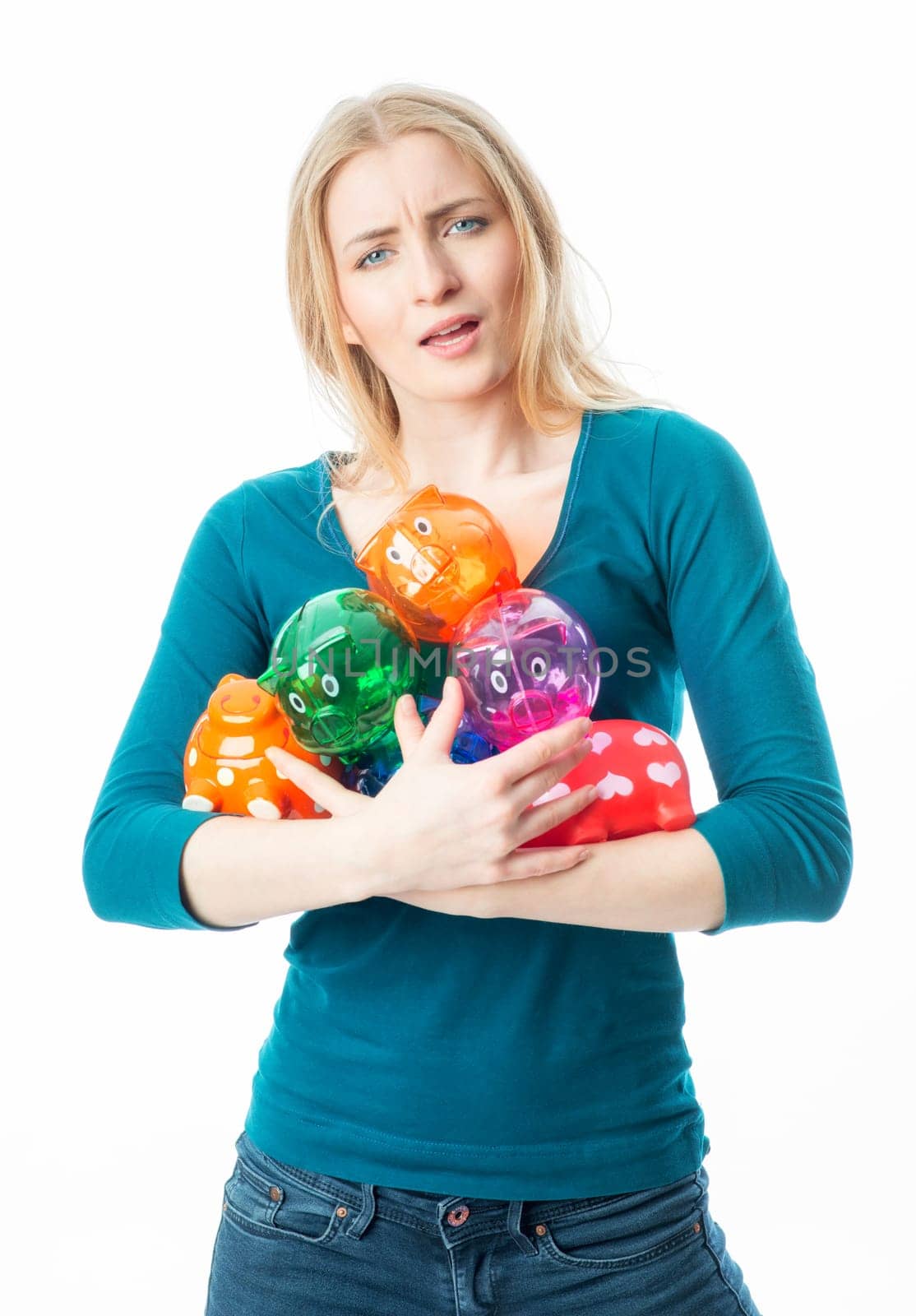Blonde girl with piggy banks