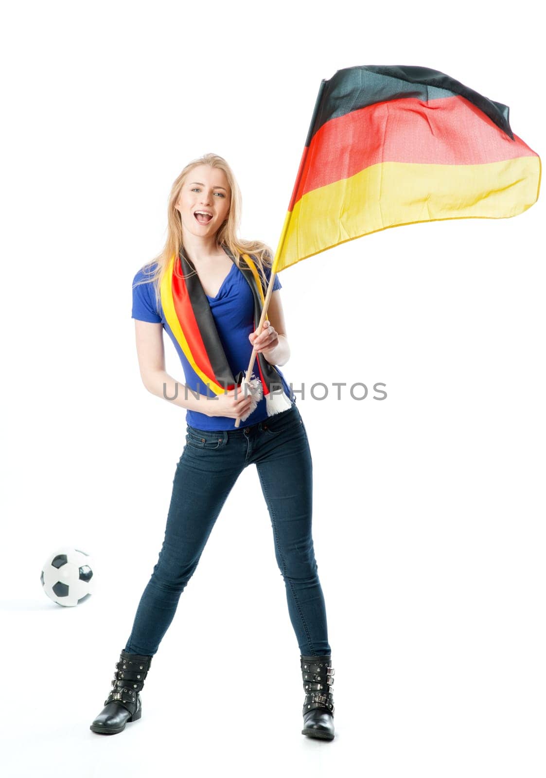 Blond er football fan with German flag