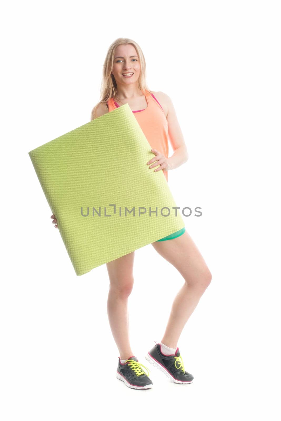 Blonde athlete holds a billboard