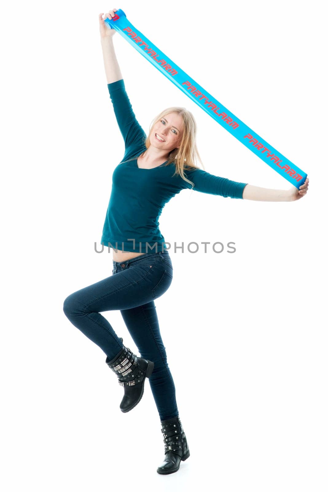Blonde girl holds up an advertising banner with inscription