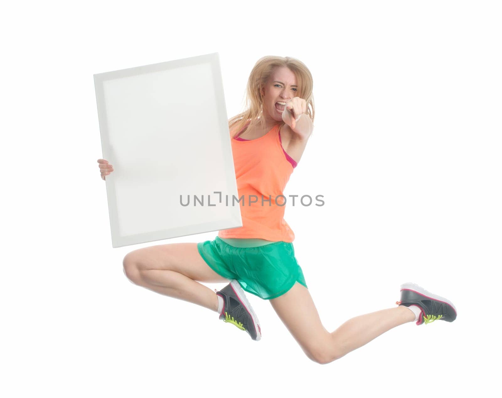 Blonde athlete with advertising sign